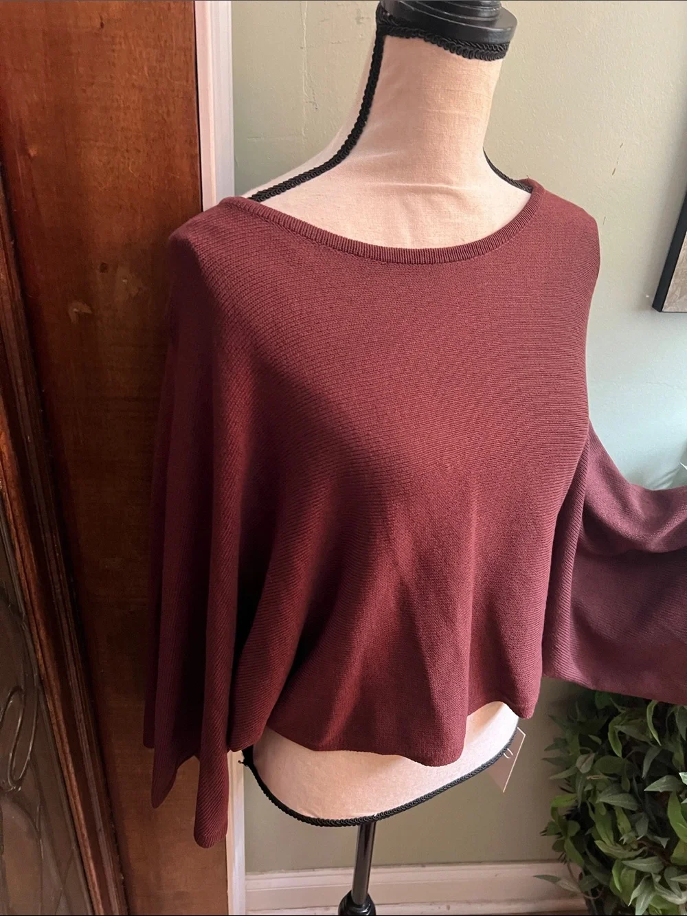 Off-the-Shoulder Wide-Sleeve Sweater in Burgundy